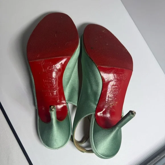 Christian Louboutin Red Bottom Teal Satin Slingback Peep Toe Heels Size 37.5 - Picture 9 of 11